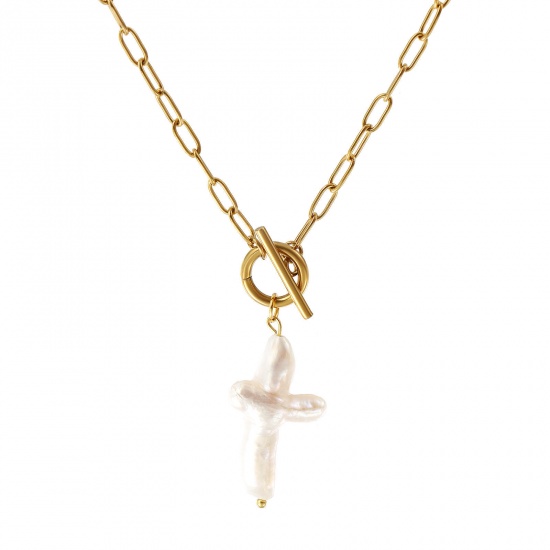 Immagine di 18K Vero Oro Placcato Catena a Graffetta Croce Collana con Ciondolo, Acciaio Inossidabile 304 & Perla Naturale 45cm, Per Donne, Bianco Religione Barocco Regalo, Placcatura Sottovuoto PVD Ecologica, 1 Pz