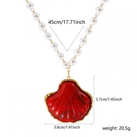 Picture of Wholesale Shell Red 3D Pendant Charm Necklace, 18K Real Gold Plated 304 Stainless Steel & Resin Beaded Chain, Women's Eco-friendly PVD Vacuum Plating Waterproof Anti-Tarnish Hypoallergenic Ocean Jewelry Dainty Gift Jewelry For Retailer, 45cm(17.7") long, 1 Piece