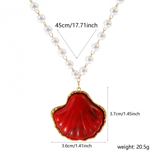 Bild von 18K Echtgold plattiert Perlenkette Muschel Anhänger Halskette, 304 Edelstahl & Harz 45cm, Für Frauen, Rot 3D, Ozean Schmuck Elegant Geschenk, Umweltfreundliche PVD-Vakuumbeschichtung, 1 Strang