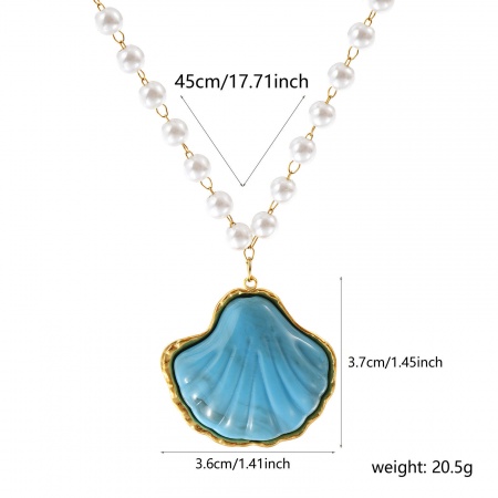 Picture of Wholesale Shell Blue 3D Pendant Charm Necklace, 18K Real Gold Plated 304 Stainless Steel & Resin Beaded Chain, Women's Eco-friendly PVD Vacuum Plating Waterproof Anti-Tarnish Hypoallergenic Ocean Jewelry Dainty Gift Jewelry For Retailer, 45cm(17.7") long, 1 Piece