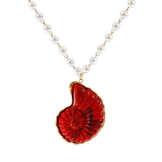 Bild von 18K Echtgold plattiert Perlenkette Strandschnecke Anhänger Halskette, 304 Edelstahl & Harz 45cm, Für Frauen, Rot 3D, Ozean Schmuck Elegant Geschenk, Umweltfreundliche PVD-Vakuumbeschichtung, 1 Strang