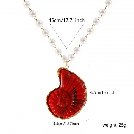 Picture of Wholesale Conch/ Sea Snail Red 3D Pendant Charm Necklace, 18K Real Gold Plated 304 Stainless Steel & Resin Beaded Chain, Women's Eco-friendly PVD Vacuum Plating Waterproof Anti-Tarnish Hypoallergenic Ocean Jewelry Dainty Gift Jewelry For Retailer, 45cm(17.7") long, 1 Piece