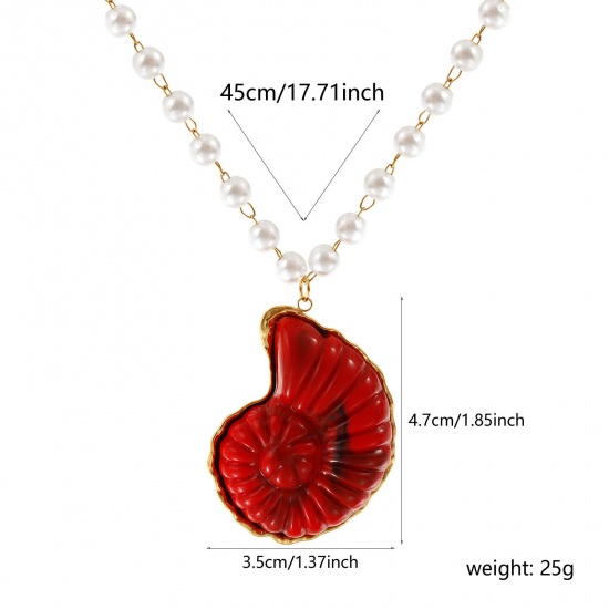 Bild von 18K Echtgold plattiert Perlenkette Strandschnecke Anhänger Halskette, 304 Edelstahl & Harz 45cm, Für Frauen, Rot 3D, Ozean Schmuck Elegant Geschenk, Umweltfreundliche PVD-Vakuumbeschichtung, 1 Strang