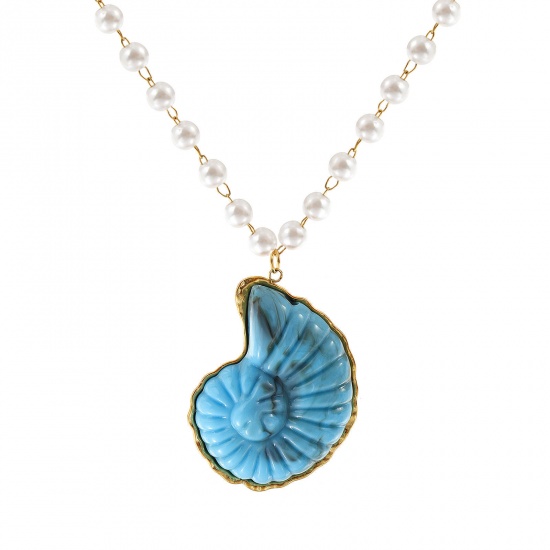 Bild von 18K Echtgold plattiert Perlenkette Strandschnecke Anhänger Halskette, 304 Edelstahl & Harz 45cm, Für Frauen, Blau 3D, Ozean Schmuck Elegant Geschenk, Umweltfreundliche PVD-Vakuumbeschichtung, 1 Strang