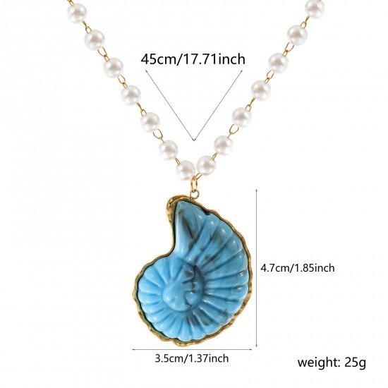 Bild von 18K Echtgold plattiert Perlenkette Strandschnecke Anhänger Halskette, 304 Edelstahl & Harz 45cm, Für Frauen, Blau 3D, Ozean Schmuck Elegant Geschenk, Umweltfreundliche PVD-Vakuumbeschichtung, 1 Strang