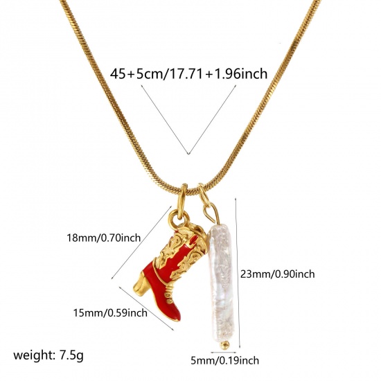 Immagine di 18K Vero Oro Placcato Catena a Serpentina Quadrata Stivale Collana con Ciondolo, Acciaio Inossidabile 304 & Perla Naturale 45cm + 5cm, Per Donne, Rosso Smalto 3D, Cowboy dell'Ovest Barocco Regalo, Placcatura Sottovuoto PVD Ecologica, 1 Pz