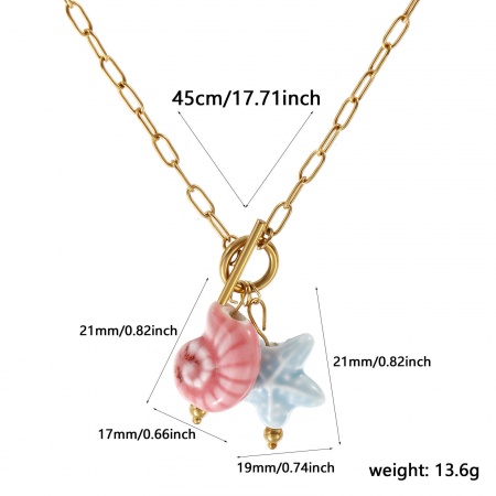 Picture of Wholesale Conch/ Sea Snail Light Pink 3D Pendant Charm Necklace, 18K Real Gold Plated 304 Stainless Steel & Ceramic Paperclip Link Chain, Women's Eco-friendly PVD Vacuum Plating Waterproof Anti-Tarnish Hypoallergenic Ocean Jewelry Sweet & Cute Gift Jewelry For Retailer, 45cm(17.7") long, 1 Piece