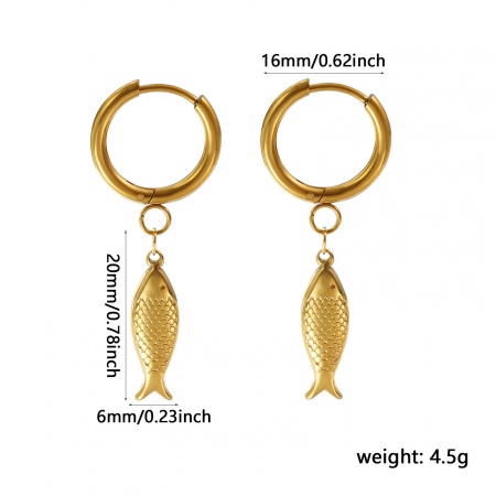 Immagine di Gioielli Oceanici Elegante Orecchini Circolari All'Ingrosso, Pesce 3D Placcato Oro 18K 304 Acciaio Inossidabile, Donne Placcatura Sottovuoto PVD Ecologica Regalo Fornitura di Gioielli, 4.1cm x 1.6cm, Posta/Filo Dimensione: 1mm(18 misura), 1 Paio