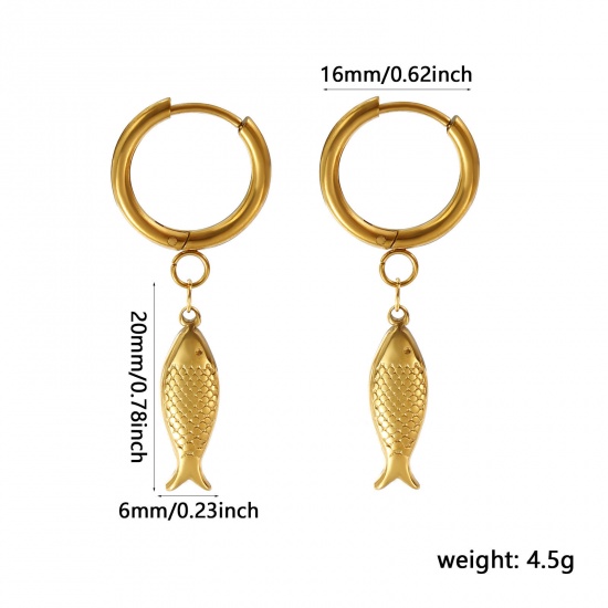 Imagen de 1 Par Recubrimiento al Vacío PVD Ecológico Elegante Joyería del océano Chapado en Oro de 18K 304 Acero Inoxidable Pez 3D Pendientes de Aro Para Mujeres Regalo 4.1cm x 1.6cm, Tamaño del Poste/Cable: 1mm(18 gauge)