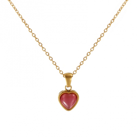 Immagine di 18K Vero Oro Placcato Catena a Cavo Cuore Collana con Ciondolo, 304 Acciaio Inossidabile 45cm + 5cm, Per Donne, Rosa Imitazione di occhio di gatto, San Valentino Elegante Regalo, Placcatura Sottovuoto PVD Ecologica, 1 Pz