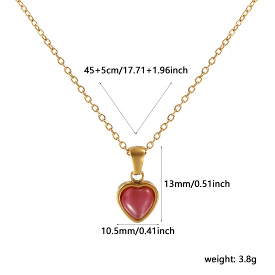 Immagine di 18K Vero Oro Placcato Catena a Cavo Cuore Collana con Ciondolo, 304 Acciaio Inossidabile 45cm + 5cm, Per Donne, Rosa Imitazione di occhio di gatto, San Valentino Elegante Regalo, Placcatura Sottovuoto PVD Ecologica, 1 Pz