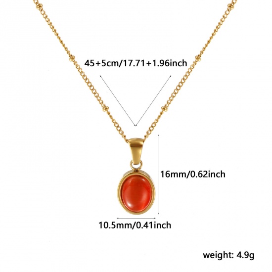 Immagine di 18K Vero Oro Placcato Catena a Cavo Ovale Collana con Ciondolo, 304 Acciaio Inossidabile 45cm + 5cm, Per Donne, Arancione Imitazione di occhio di gatto, Squisito Elegante Regalo, Placcatura Sottovuoto PVD Ecologica, 1 Pz