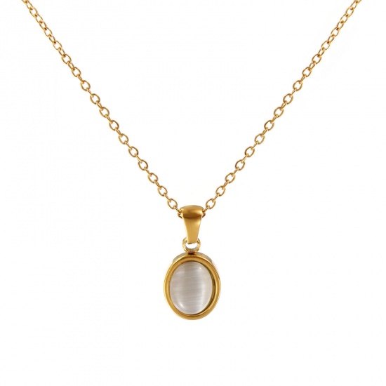 Immagine di 18K Vero Oro Placcato Catena a Cavo Ovale Collana con Ciondolo, 304 Acciaio Inossidabile 45cm + 5cm, Per Donne, Bianco Sporco Imitazione di occhio di gatto, Squisito Elegante Regalo, Placcatura Sottovuoto PVD Ecologica, 1 Pz