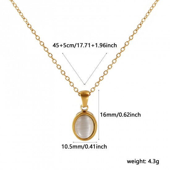 Immagine di 18K Vero Oro Placcato Catena a Cavo Ovale Collana con Ciondolo, 304 Acciaio Inossidabile 45cm + 5cm, Per Donne, Bianco Sporco Imitazione di occhio di gatto, Squisito Elegante Regalo, Placcatura Sottovuoto PVD Ecologica, 1 Pz