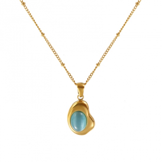 Immagine di 18K Vero Oro Placcato Catena a Cavo Irregolare Collana con Ciondolo, 304 Acciaio Inossidabile 45cm + 5cm, Per Donne, Menta Verde Imitazione di occhio di gatto, Squisito Elegante Regalo, Placcatura Sottovuoto PVD Ecologica, 1 Pz