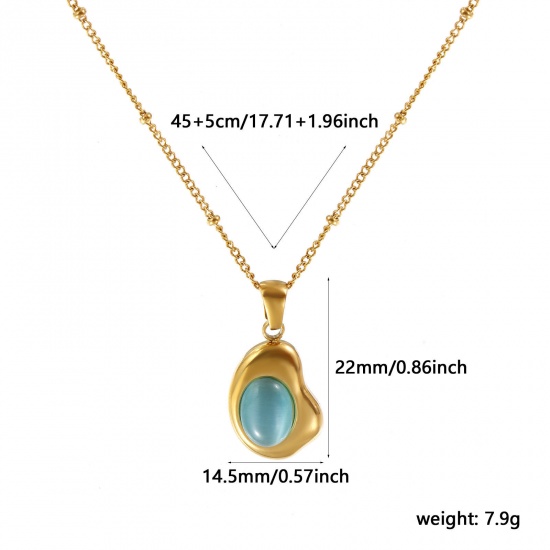 Immagine di 18K Vero Oro Placcato Catena a Cavo Irregolare Collana con Ciondolo, 304 Acciaio Inossidabile 45cm + 5cm, Per Donne, Menta Verde Imitazione di occhio di gatto, Squisito Elegante Regalo, Placcatura Sottovuoto PVD Ecologica, 1 Pz