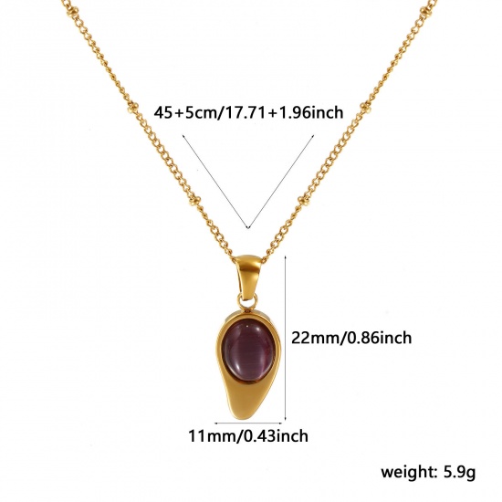 Immagine di 18K Vero Oro Placcato Catena a Cavo Goccia Collana con Ciondolo, 304 Acciaio Inossidabile 45cm + 5cm, Per Donne, Colore Viola Imitazione di occhio di gatto, Squisito Elegante Regalo, Placcatura Sottovuoto PVD Ecologica, 1 Pz