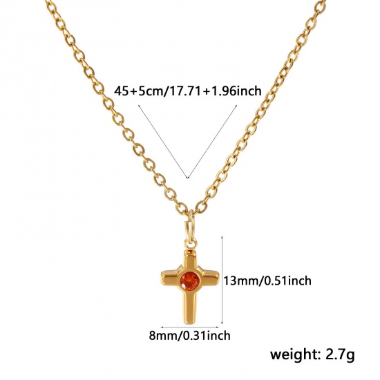 Immagine di 18K Vero Oro Placcato Catena a Cavo Croce Collana con Ciondolo, 304 Acciaio Inossidabile 45cm + 5cm, Per Donne, Arancione Strass Religione Elegante Regalo, Placcatura Sottovuoto PVD Ecologica, 1 Pz
