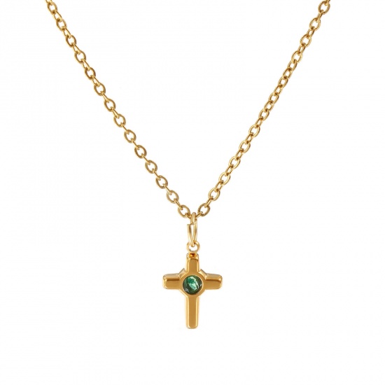 Immagine di 18K Vero Oro Placcato Catena a Cavo Croce Collana con Ciondolo, 304 Acciaio Inossidabile 45cm + 5cm, Per Donne, Verde Strass Religione Elegante Regalo, Placcatura Sottovuoto PVD Ecologica, 1 Pz