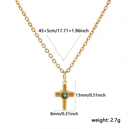 Picture of Wholesale Cross Green Rhinestone Pendant Charm Necklace, 18K Real Gold Plated 304 Stainless Steel Link Cable Chain, Women's Eco-friendly PVD Vacuum Plating Waterproof Anti-Tarnish Hypoallergenic Religious Stylish Gift Jewelry For Retailer, 45cm(17.7") + 5cm(2") long, 1 Piece