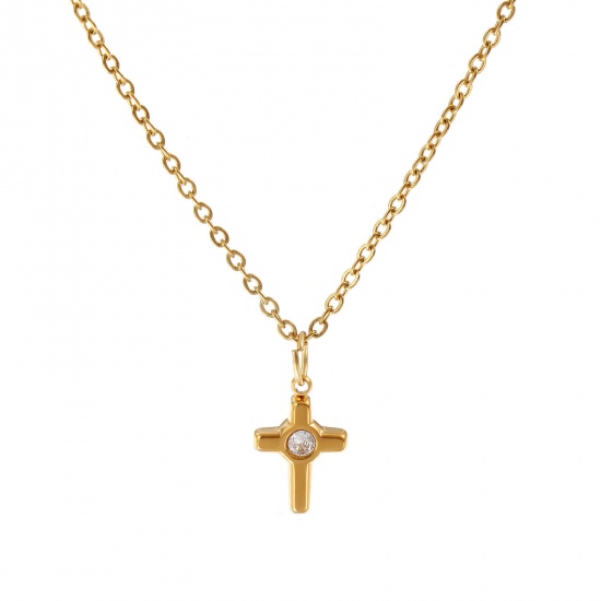 Immagine di 18K Vero Oro Placcato Catena a Cavo Croce Collana con Ciondolo, 304 Acciaio Inossidabile 45cm + 5cm, Per Donne, Trasparente Strass Religione Elegante Regalo, Placcatura Sottovuoto PVD Ecologica, 1 Pz