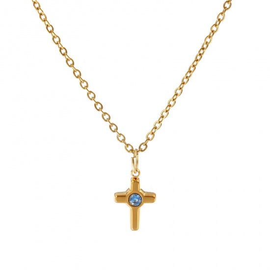 Immagine di 18K Vero Oro Placcato Catena a Cavo Croce Collana con Ciondolo, 304 Acciaio Inossidabile 45cm + 5cm, Per Donne, Blu Strass Religione Elegante Regalo, Placcatura Sottovuoto PVD Ecologica, 1 Pz