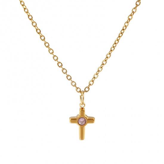 Immagine di 18K Vero Oro Placcato Catena a Cavo Croce Collana con Ciondolo, 304 Acciaio Inossidabile 45cm + 5cm, Per Donne, Roso Strass Religione Elegante Regalo, Placcatura Sottovuoto PVD Ecologica, 1 Pz