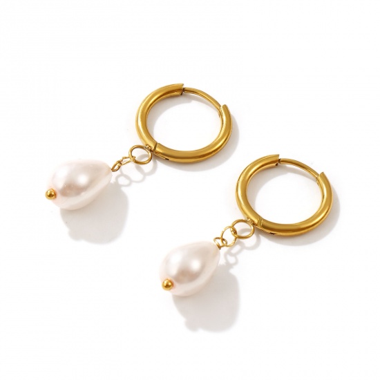 Image de 1 Paire Boucles d'Oreilles Créoles Exquis en 304 Acier Inoxydable & Acrylique Placage Sous Vide Écologique Sucré & Mignon Goutte d'Eau Doré Rose Clair Imitation Perles Cadeau Pour Femmes 3.8cm x 1.6cm, Taille de Fil: 1mm(taille 18)
