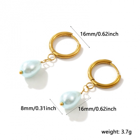 Image de 1 Paire Boucles d'Oreilles Créoles Exquis en 304 Acier Inoxydable & Acrylique Placage Sous Vide Écologique Sucré & Mignon Goutte d'Eau Doré Bleu Clair Imitation Perles Cadeau Pour Femmes 3.8cm x 1.6cm, Taille de Fil: 1mm(taille 18)