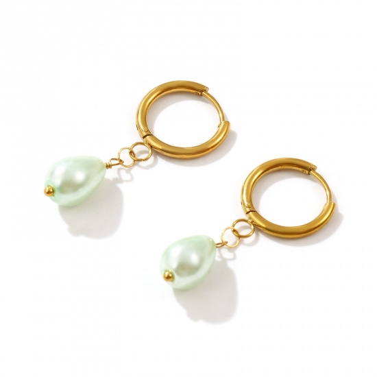 Image de 1 Paire Boucles d'Oreilles Créoles Exquis en 304 Acier Inoxydable & Acrylique Placage Sous Vide Écologique Sucré & Mignon Goutte d'Eau Doré Vert Clair Imitation Perles Cadeau Pour Femmes 3.8cm x 1.6cm, Taille de Fil: 1mm(taille 18)