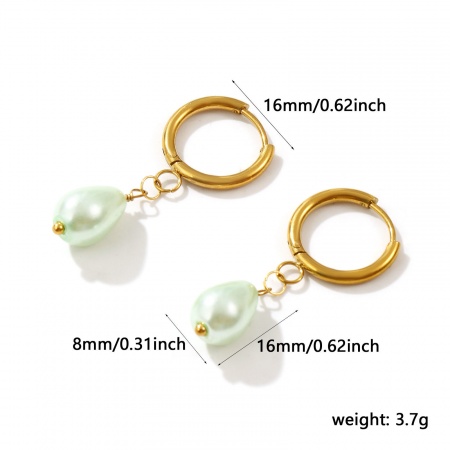 Immagine di Squisito Dolce & Carino Orecchini Circolari All'Ingrosso, Goccia Verde Chiaro Imitata Perla Oro Placcato 304 Acciaio Inossidabile & Acrilato, Donne Placcatura Sottovuoto Ecologica Regalo Fornitura di Gioielli, 3.8cm x 1.6cm, Posta/Filo Dimensione: 1mm(18 misura), 1 Paio