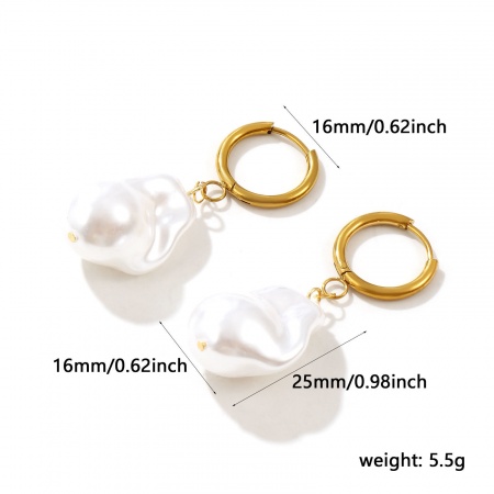 Immagine di Barocco Dolce & Carino Orecchini Circolari All'Ingrosso, Irregolare Bianco Imitata Perla Oro Placcato 304 Acciaio Inossidabile & Acrilato, Donne Placcatura Sottovuoto Ecologica Regalo Fornitura di Gioielli, 4.6cm x 1.6cm, Posta/Filo Dimensione: 1mm(18 misura), 1 Paio