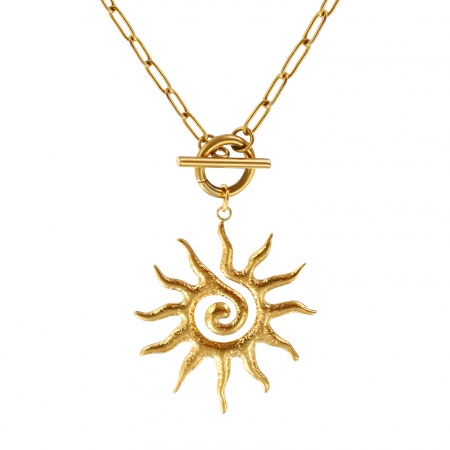 18K настоящее золото с покрытием Цепочка зажимов Солнце Ожерелье с подвеской, 304 Нержавеющая Сталь 45см, Для женщин, Спираль галактика Ретро подарок, Экологичное вакуумное PVD-покрытие, 1 ШТ