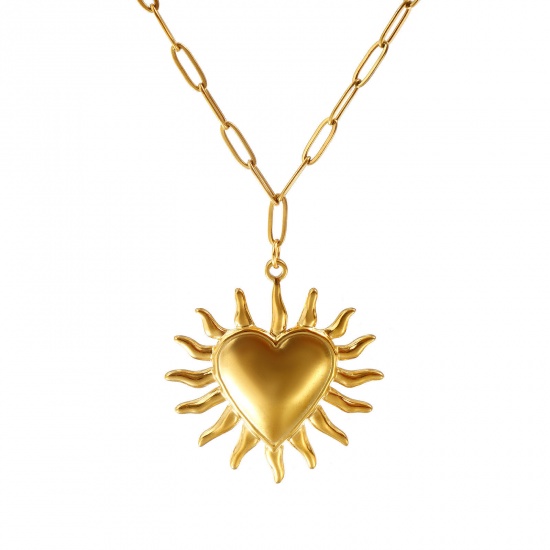 Picture of 18K Real Gold Plated Paperclip Link Chain Ex Voto Heart Pendant Charm Necklace, 304 Stainless Steel 60cm(23.6"), For Women, Religious Retro Gift, Eco-friendly PVD Vacuum Plating, 1 Piece