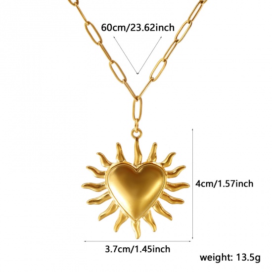 Picture of 18K Real Gold Plated Paperclip Link Chain Ex Voto Heart Pendant Charm Necklace, 304 Stainless Steel 60cm(23.6"), For Women, Religious Retro Gift, Eco-friendly PVD Vacuum Plating, 1 Piece