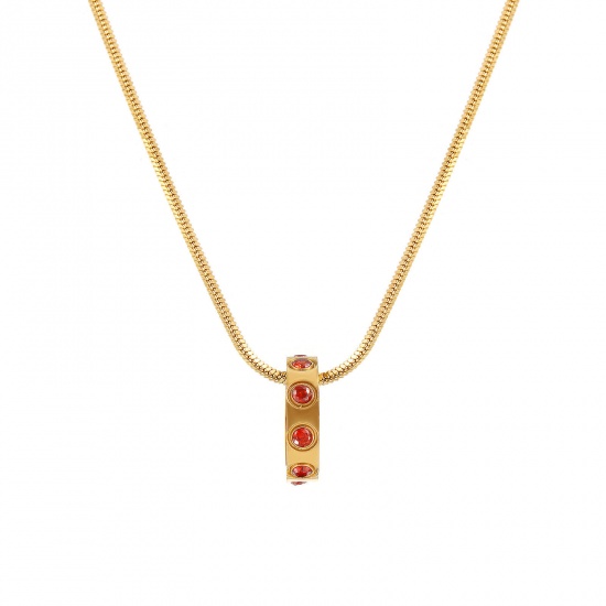 Immagine di 18K Vero Oro Placcato Catena a Serpentina Quadrata Anello Collana con Ciondolo, 304 Acciaio Inossidabile 45cm + 5cm, Per Donne, Rosso Arancione Cubic Zirconiae Gennaio Pietre Nascita Elegante Regalo, Placcatura Sottovuoto PVD Ecologica, 1 Pz