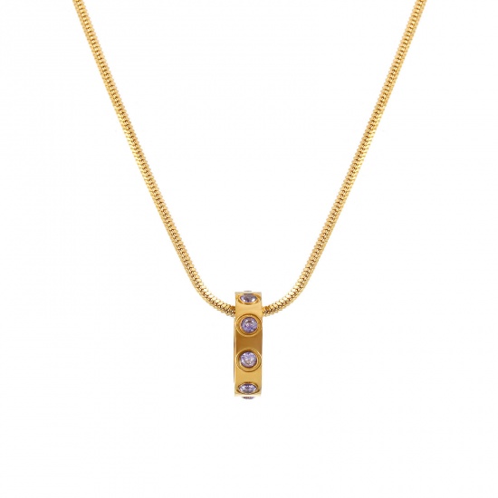Immagine di 18K Vero Oro Placcato Catena a Serpentina Quadrata Anello Collana con Ciondolo, 304 Acciaio Inossidabile 45cm + 5cm, Per Donne, Viola Cubic Zirconiae Febbraio Pietre Nascita Elegante Regalo, Placcatura Sottovuoto PVD Ecologica, 1 Pz
