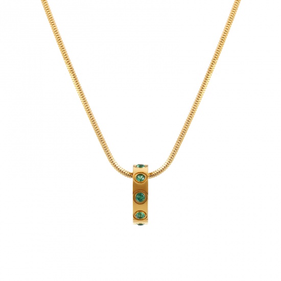Immagine di 18K Vero Oro Placcato Catena a Serpentina Quadrata Anello Collana con Ciondolo, 304 Acciaio Inossidabile 45cm + 5cm, Per Donne, Smeraldo Cubic Zirconiae Maggio Pietre Nascita Elegante Regalo, Placcatura Sottovuoto PVD Ecologica, 1 Pz