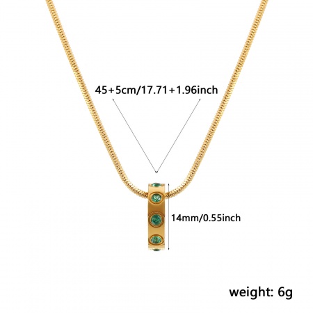 Picture of 18K Real Gold Plated Square Snake Chain Circle Ring Pendant Charm Necklace, 304 Stainless Steel 45cm(17.7") + 5cm(2"), For Women, Emerald Cubic Zirconia May Birthstone Stylish Gift, Eco-friendly PVD Vacuum Plating Waterproof Anti-Tarnish Hypoallergenic, 1 Piece