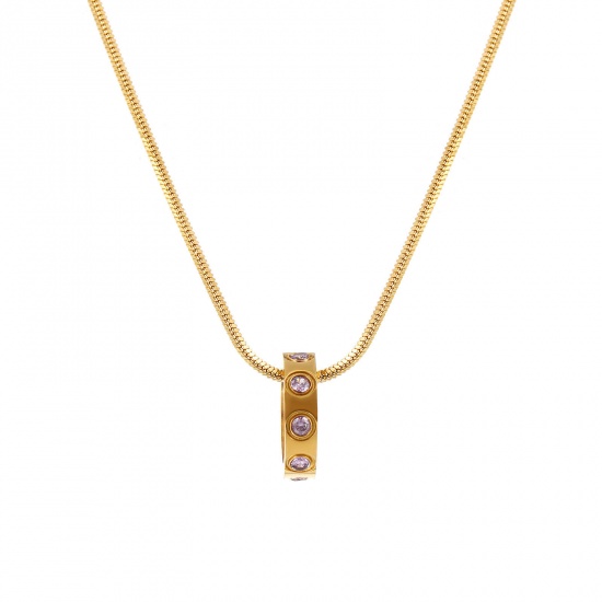 Immagine di 18K Vero Oro Placcato Catena a Serpentina Quadrata Anello Collana con Ciondolo, 304 Acciaio Inossidabile 45cm + 5cm, Per Donne, Viola Pallido Cubic Zirconiae Giugno Pietre Nascita Elegante Regalo, Placcatura Sottovuoto PVD Ecologica, 1 Pz