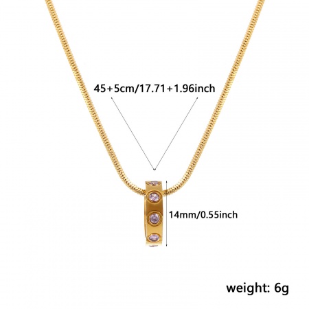 Picture of 18K Real Gold Plated Square Snake Chain Circle Ring Pendant Charm Necklace, 304 Stainless Steel 45cm(17.7") + 5cm(2"), For Women, Mauve Cubic Zirconia June Birthstone Stylish Gift, Eco-friendly PVD Vacuum Plating Waterproof Anti-Tarnish Hypoallergenic, 1 Piece