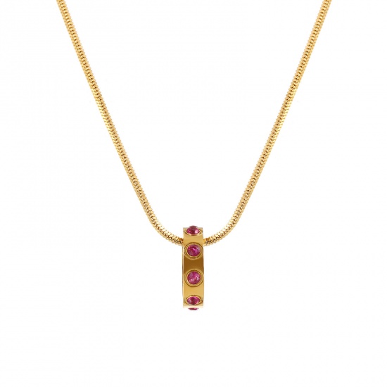 Immagine di 18K Vero Oro Placcato Catena a Serpentina Quadrata Anello Collana con Ciondolo, 304 Acciaio Inossidabile 45cm + 5cm, Per Donne, Fuscia Cubic Zirconiae Luglio Pietre Nascita Elegante Regalo, Placcatura Sottovuoto PVD Ecologica, 1 Pz