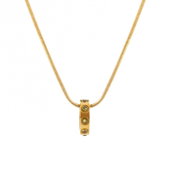 Immagine di 18K Vero Oro Placcato Catena a Serpentina Quadrata Anello Collana con Ciondolo, 304 Acciaio Inossidabile 45cm + 5cm, Per Donne, Verde Oliva Cubic Zirconiae Agosto Pietre Nascita Elegante Regalo, Placcatura Sottovuoto PVD Ecologica, 1 Pz