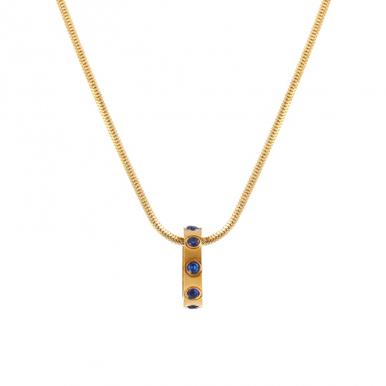 Immagine di 18K Vero Oro Placcato Catena a Serpentina Quadrata Anello Collana con Ciondolo, 304 Acciaio Inossidabile 45cm + 5cm, Per Donne, Blu Marino Cubic Zirconiae Settembre Pietre Nascita Elegante Regalo, Placcatura Sottovuoto PVD Ecologica, 1 Pz