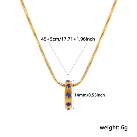 Picture of 18K Real Gold Plated Square Snake Chain Circle Ring Pendant Charm Necklace, 304 Stainless Steel 45cm(17.7") + 5cm(2"), For Women, Royal Blue Cubic Zirconia September Birthstone Stylish Gift, Eco-friendly PVD Vacuum Plating Waterproof Anti-Tarnish Hypoallergenic, 1 Piece