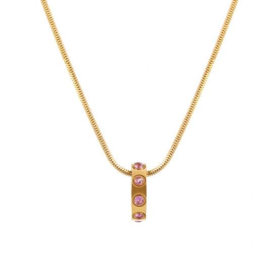 Immagine di 18K Vero Oro Placcato Catena a Serpentina Quadrata Anello Collana con Ciondolo, 304 Acciaio Inossidabile 45cm + 5cm, Per Donne, Rosa Viola Cubic Zirconiae Ottobre Pietre Nascita Elegante Regalo, Placcatura Sottovuoto PVD Ecologica, 1 Pz