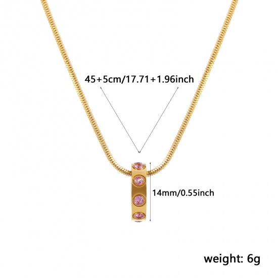 Immagine di 18K Vero Oro Placcato Catena a Serpentina Quadrata Anello Collana con Ciondolo, 304 Acciaio Inossidabile 45cm + 5cm, Per Donne, Rosa Viola Cubic Zirconiae Ottobre Pietre Nascita Elegante Regalo, Placcatura Sottovuoto PVD Ecologica, 1 Pz