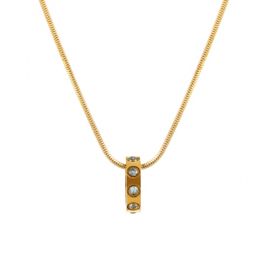 Immagine di 18K Vero Oro Placcato Catena a Serpentina Quadrata Anello Collana con Ciondolo, 304 Acciaio Inossidabile 45cm + 5cm, Per Donne, Lago Blu Pallido Cubic Zirconiae Dicembre Pietre Nascita Elegante Regalo, Placcatura Sottovuoto PVD Ecologica, 1 Pz