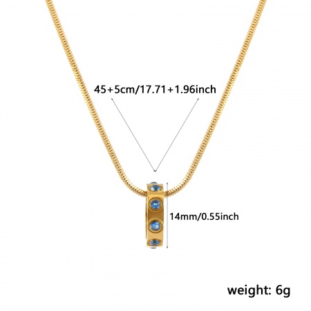 Picture of 18K Real Gold Plated Square Snake Chain Circle Ring Pendant Charm Necklace, 304 Stainless Steel 45cm(17.7") + 5cm(2"), For Women, Lake Blue Cubic Zirconia December Birthstone Stylish Gift, Eco-friendly PVD Vacuum Plating Waterproof Anti-Tarnish Hypoallergenic, 1 Piece