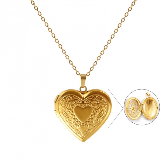 Bild von 18K Real Gold Plated Link Cable Chain Heart Pendant Charm Necklace, 304 Stainless Steel 45cm(17.7") + 5cm(2"), For Women, Wreath Can Open, Picture Photo Frame Locket Retro Gift, Eco-friendly PVD Vacuum Plating, 1 Piece